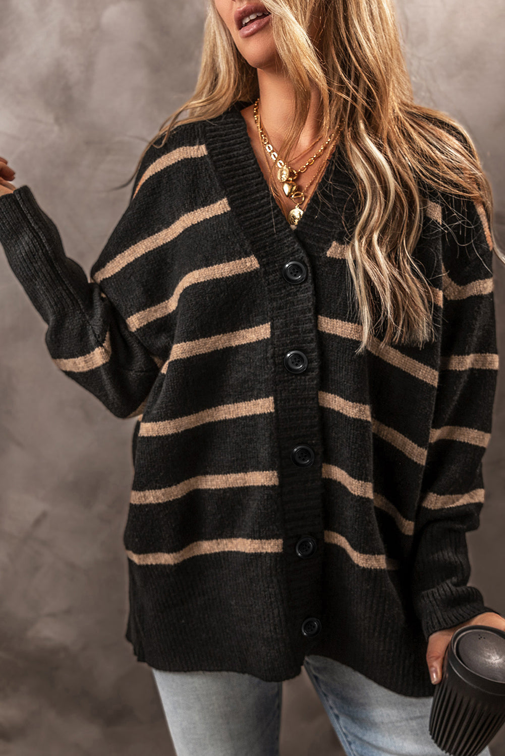 Black Stripe Buttoned V Neck Drop Shoulder Loose Cardigan - Fikka Boutique 