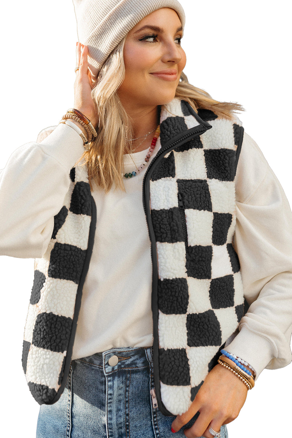 Black Checkered Sherpa Collared Jacket Vest - Fikka Boutique 