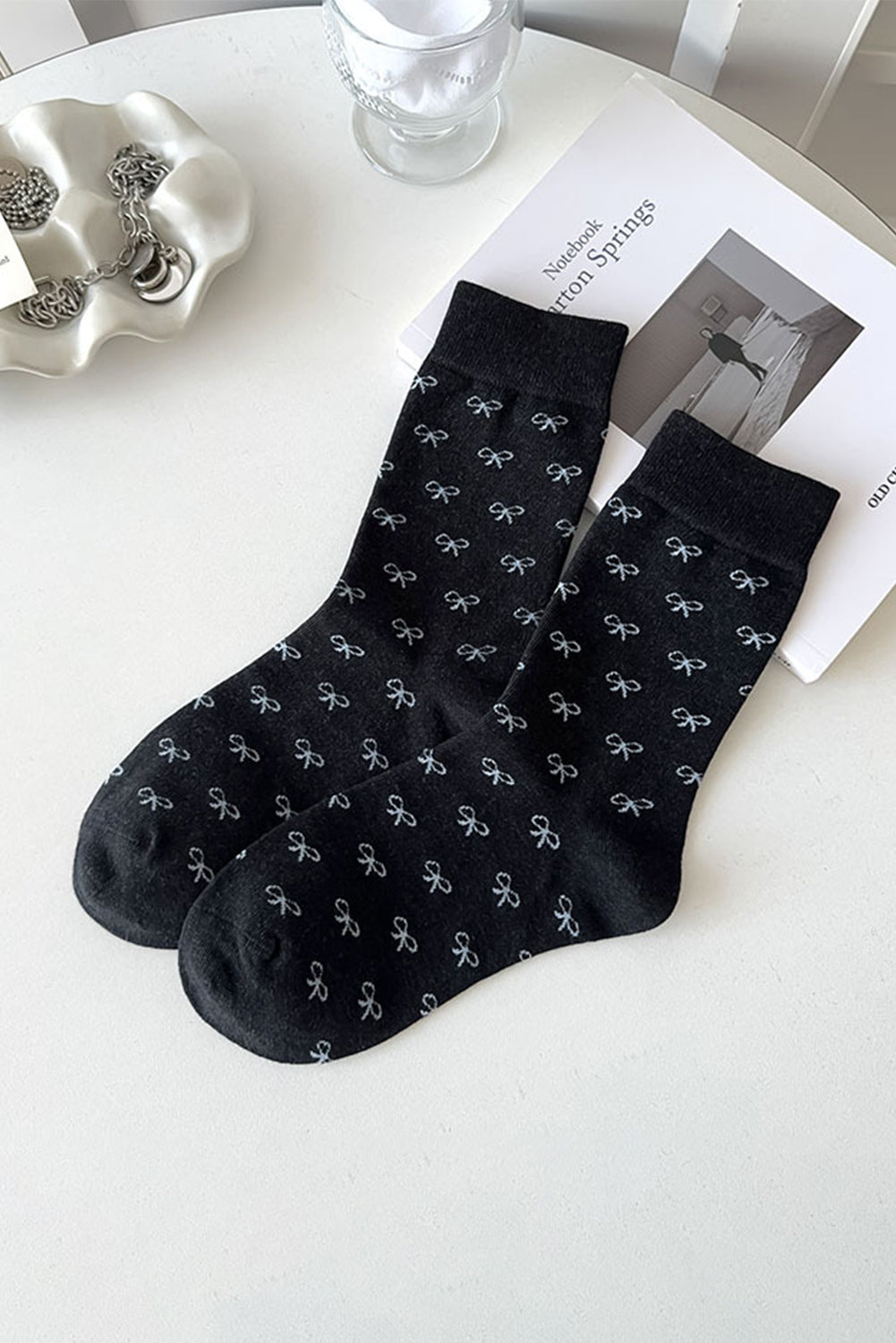 White Bow Ribbed Edge Crew Socks - Fikka Boutique 