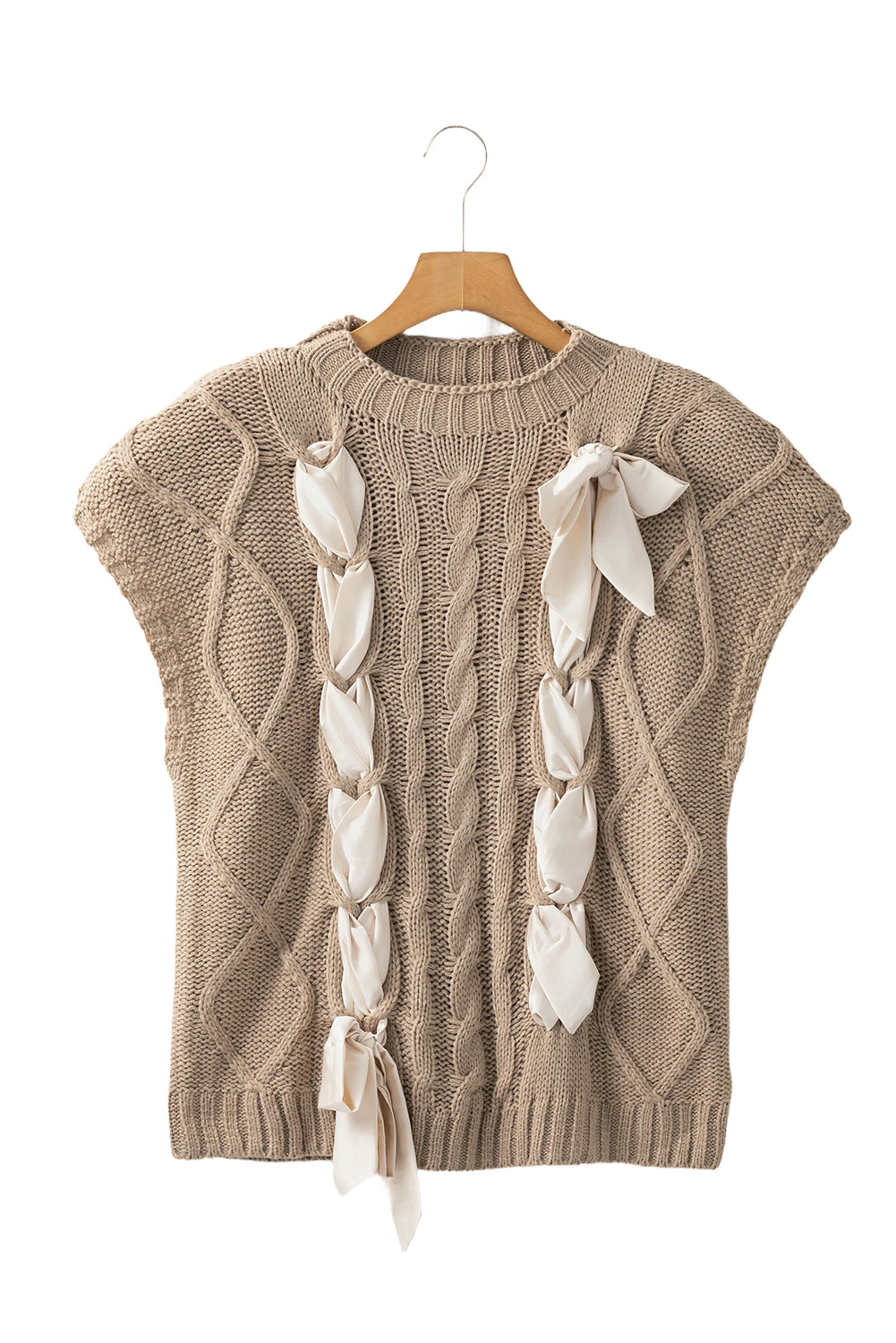 Knit Top With Satin Bow- Taupe - Fikka Boutique 