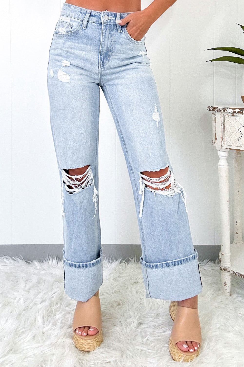 Cuffed Blue Light Wash Distressed Flare Jeans - Fikka Boutique 