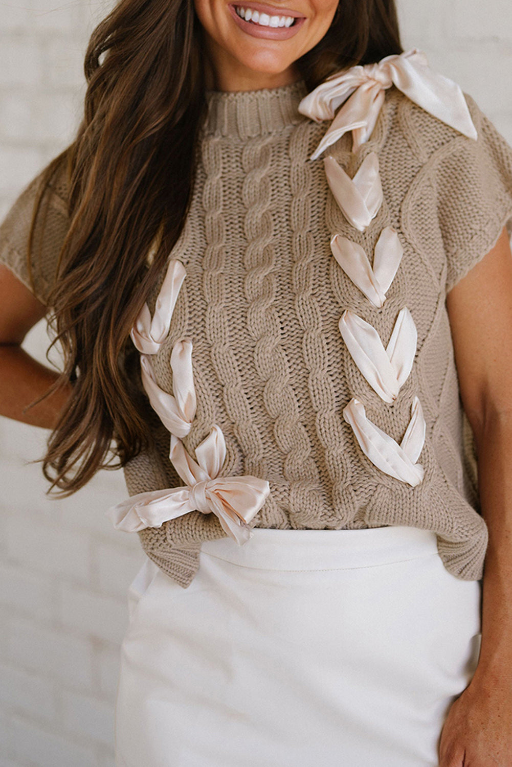 Knit Top With Satin Bow- Taupe - Fikka Boutique 