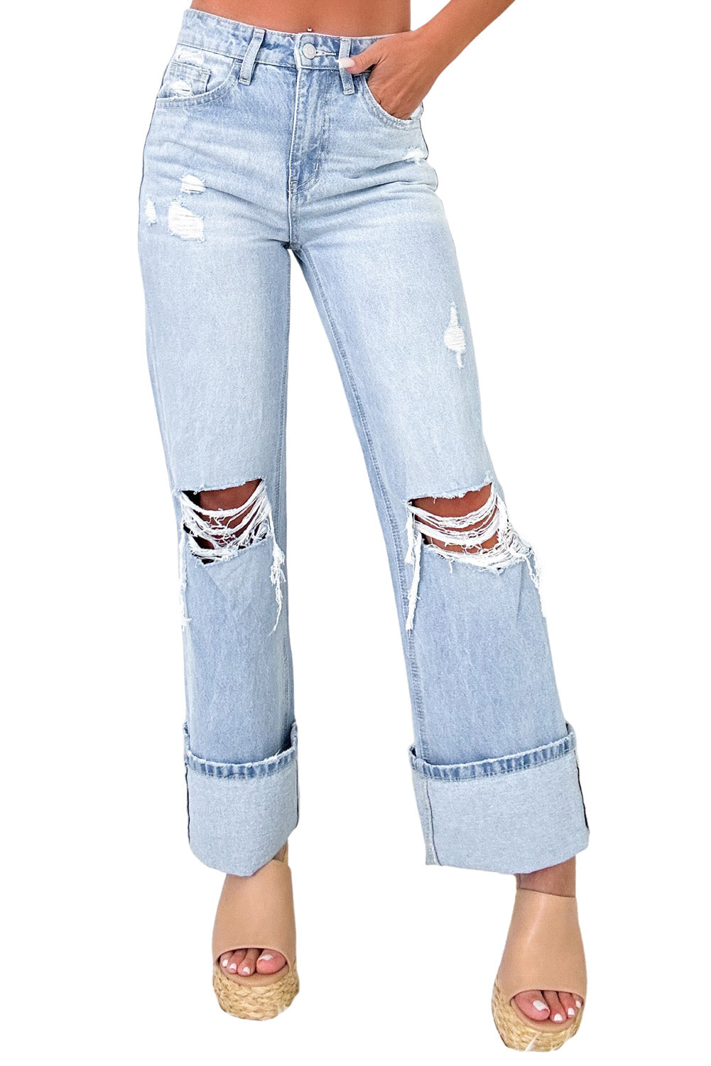 Cuffed Blue Light Wash Distressed Flare Jeans - Fikka Boutique 