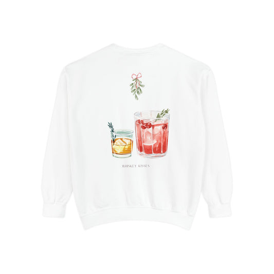 Whiskey Kisses Sweatshirt - Unisex Garment-Dyed with Mistletoe Design