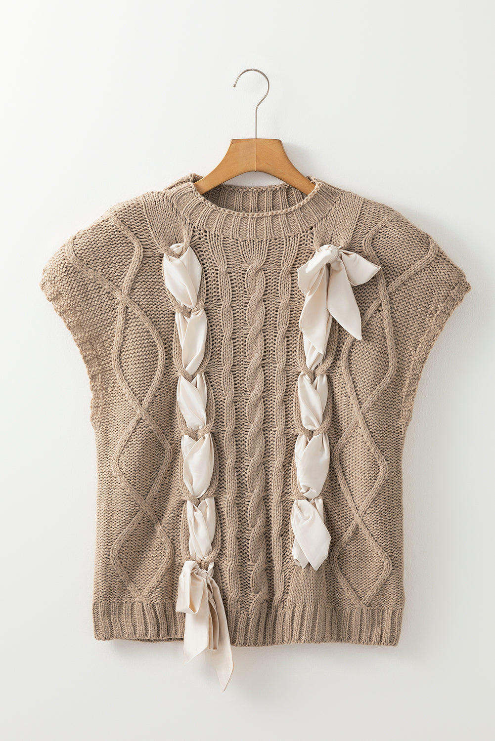 Knit Top With Satin Bow- Taupe - Fikka Boutique 