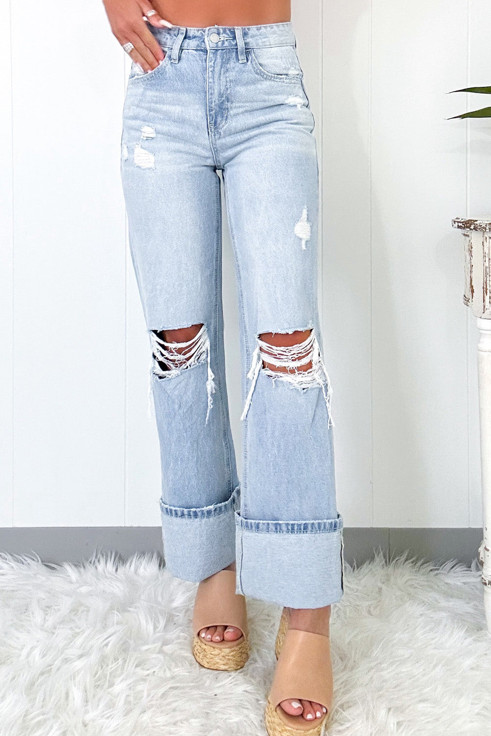 Cuffed Blue Light Wash Distressed Flare Jeans - Fikka Boutique 