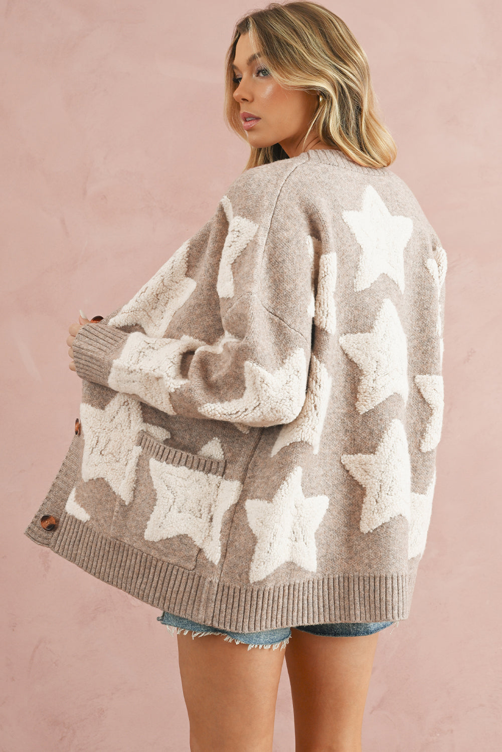 Khaki Star Pattern Pockets Button Front Cardigan - Fikka Boutique 