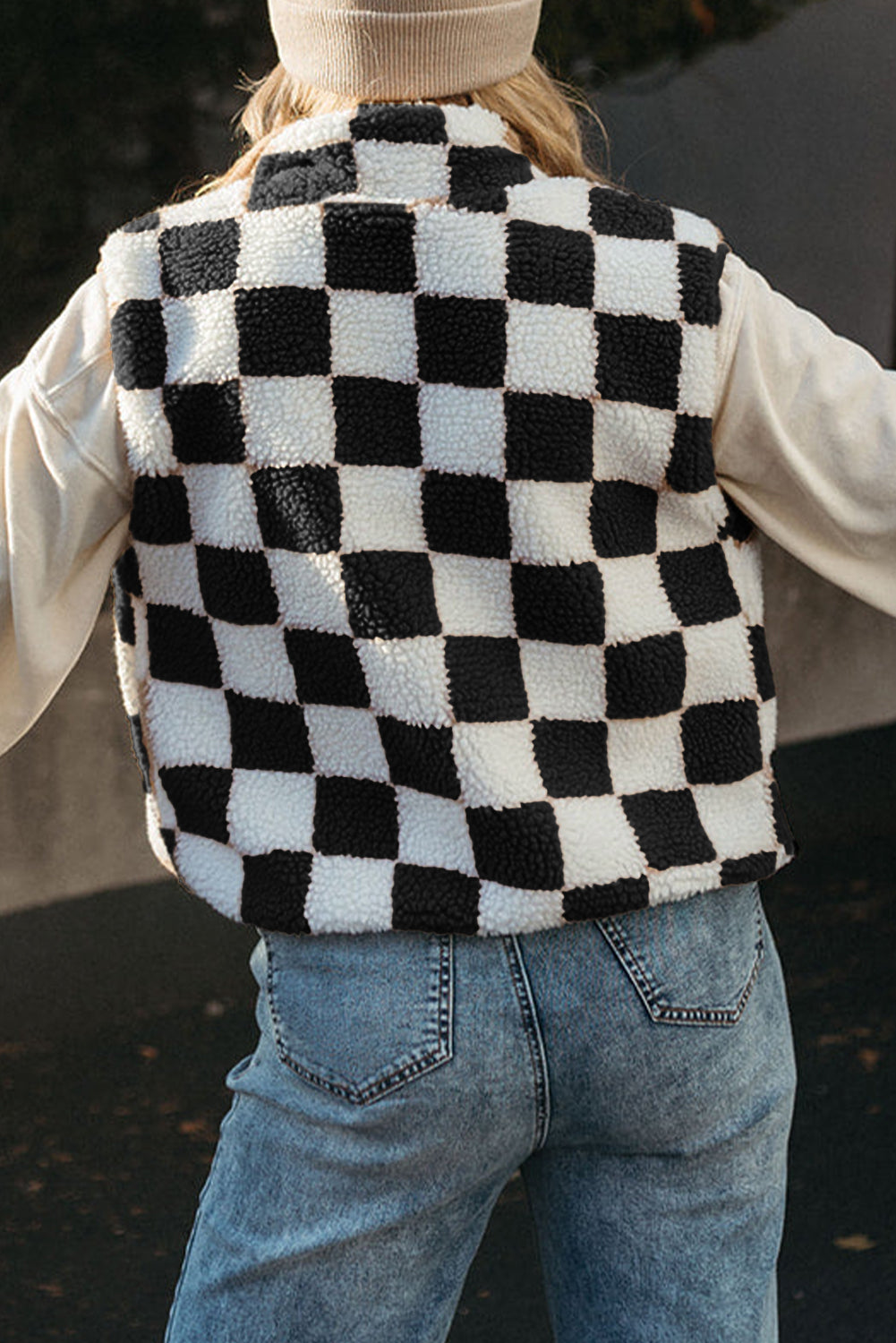 Black Checkered Sherpa Collared Jacket Vest - Fikka Boutique 