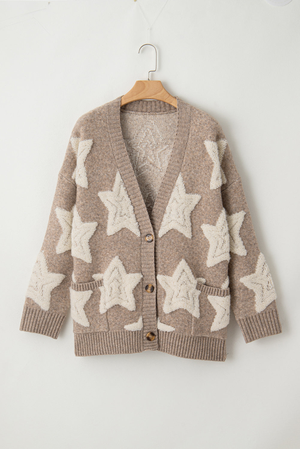 Khaki Star Pattern Pockets Button Front Cardigan - Fikka Boutique 