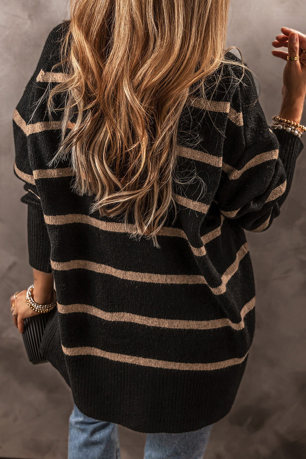 Black Stripe Buttoned V Neck Drop Shoulder Loose Cardigan - Fikka Boutique 