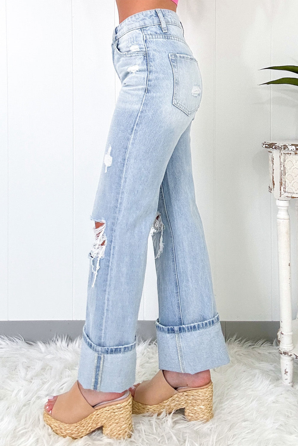 Cuffed Blue Light Wash Distressed Flare Jeans - Fikka Boutique 