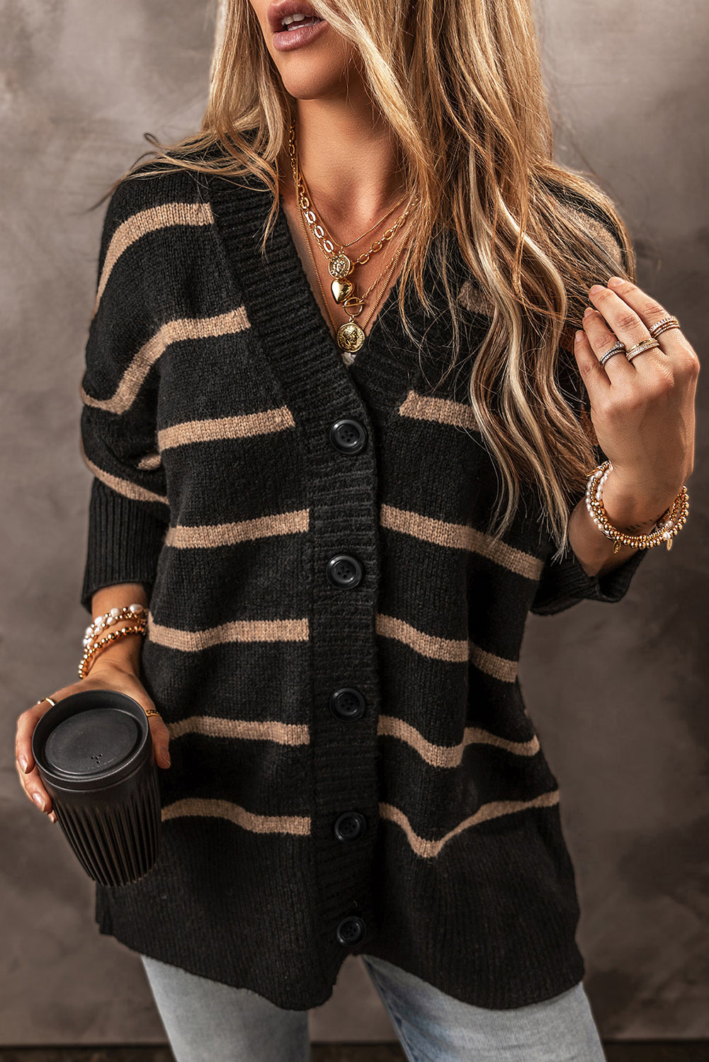 Black Stripe Buttoned V Neck Drop Shoulder Loose Cardigan - Fikka Boutique 