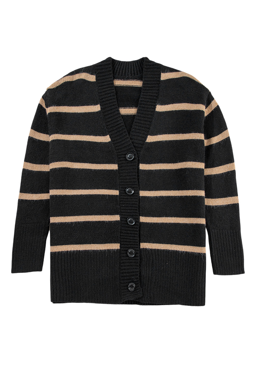 Black Stripe Buttoned V Neck Drop Shoulder Loose Cardigan - Fikka Boutique 