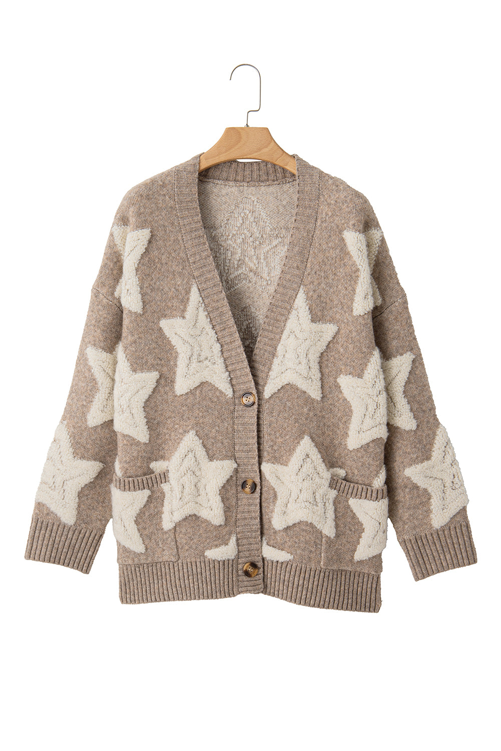 Khaki Star Pattern Pockets Button Front Cardigan - Fikka Boutique 