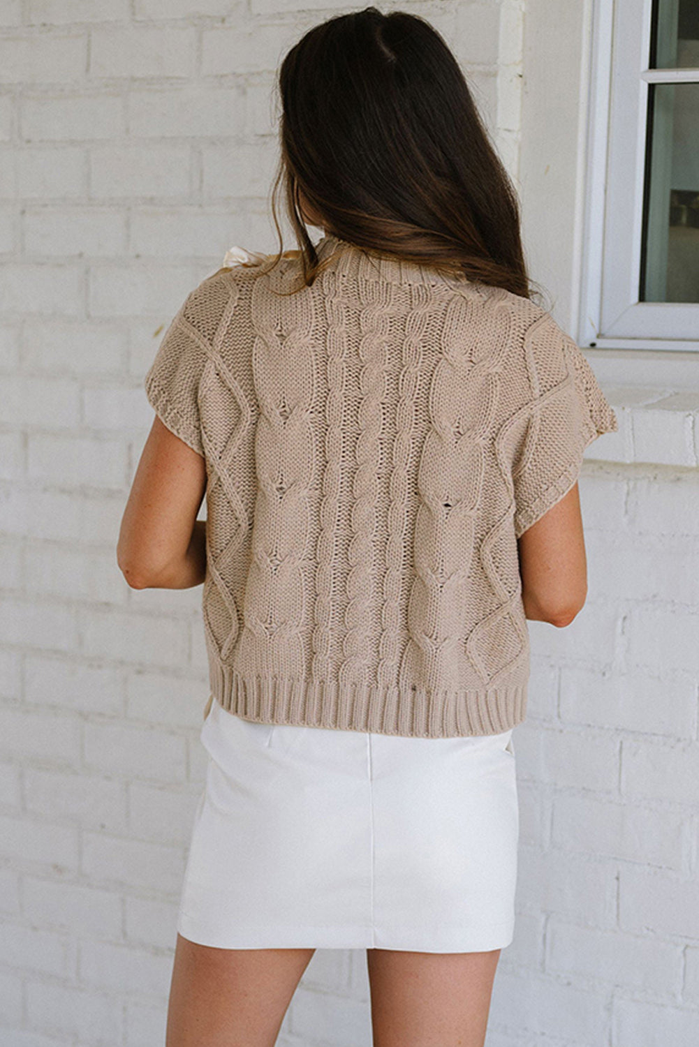 Knit Top With Satin Bow- Taupe - Fikka Boutique 