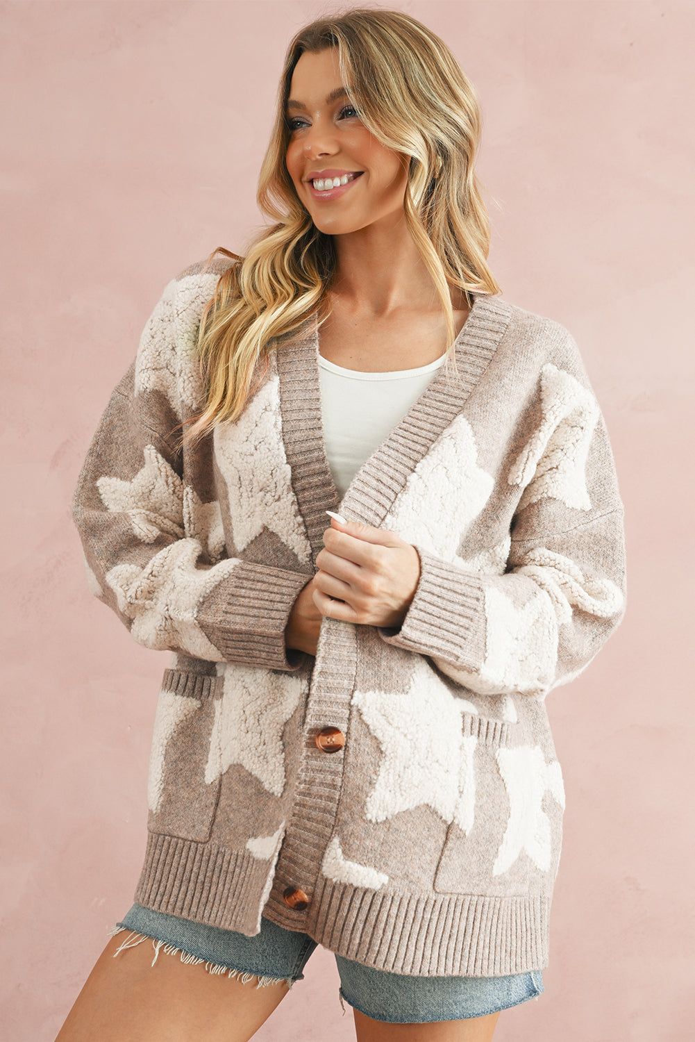 Khaki Star Pattern Pockets Button Front Cardigan - Fikka Boutique 