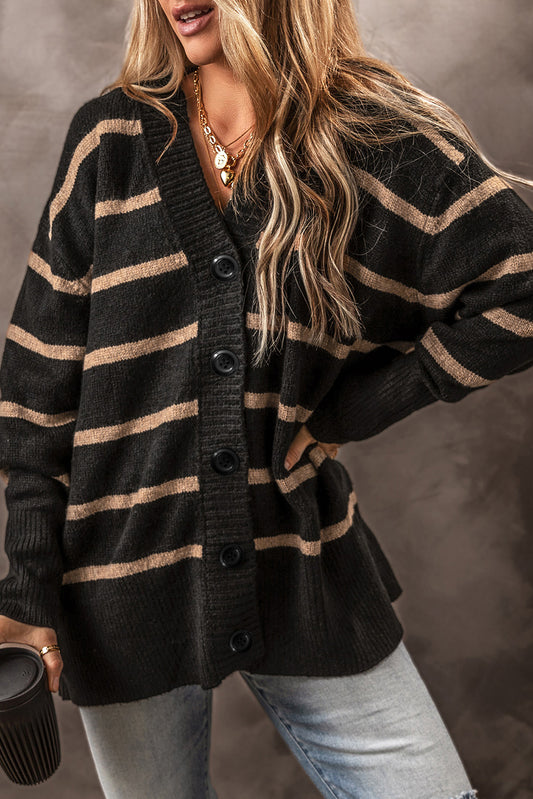 Black Stripe Buttoned V Neck Drop Shoulder Loose Cardigan - Fikka Boutique 