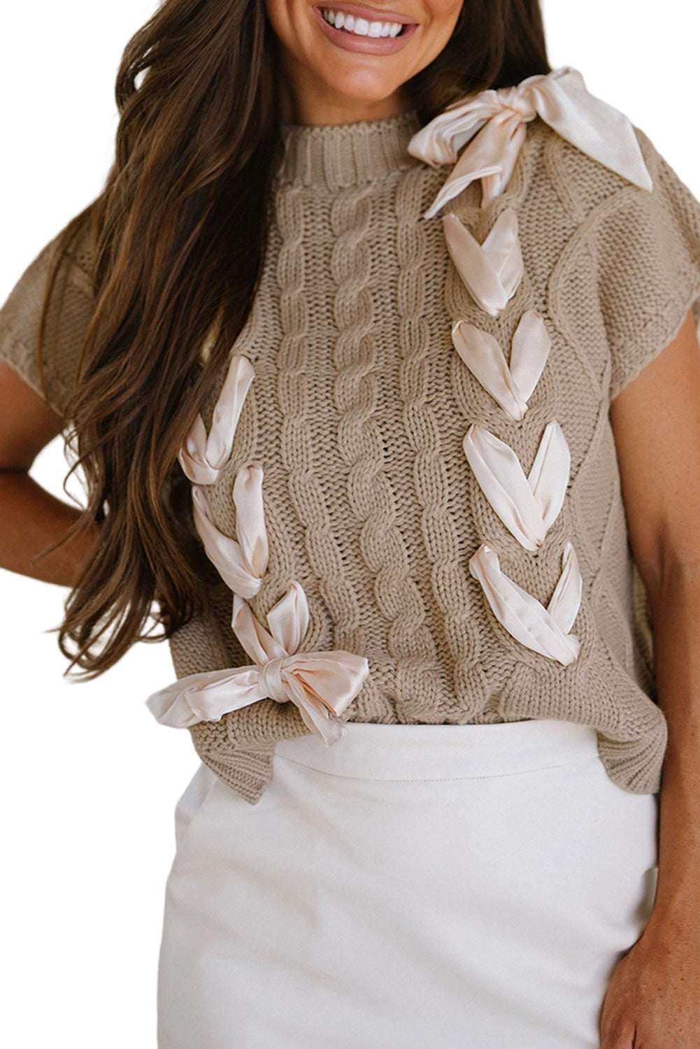 Knit Top With Satin Bow- Taupe - Fikka Boutique 