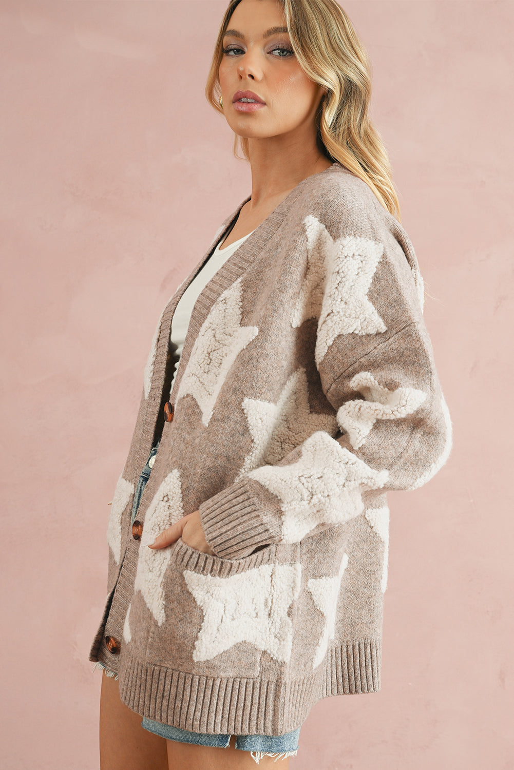 Khaki Star Pattern Pockets Button Front Cardigan - Fikka Boutique 