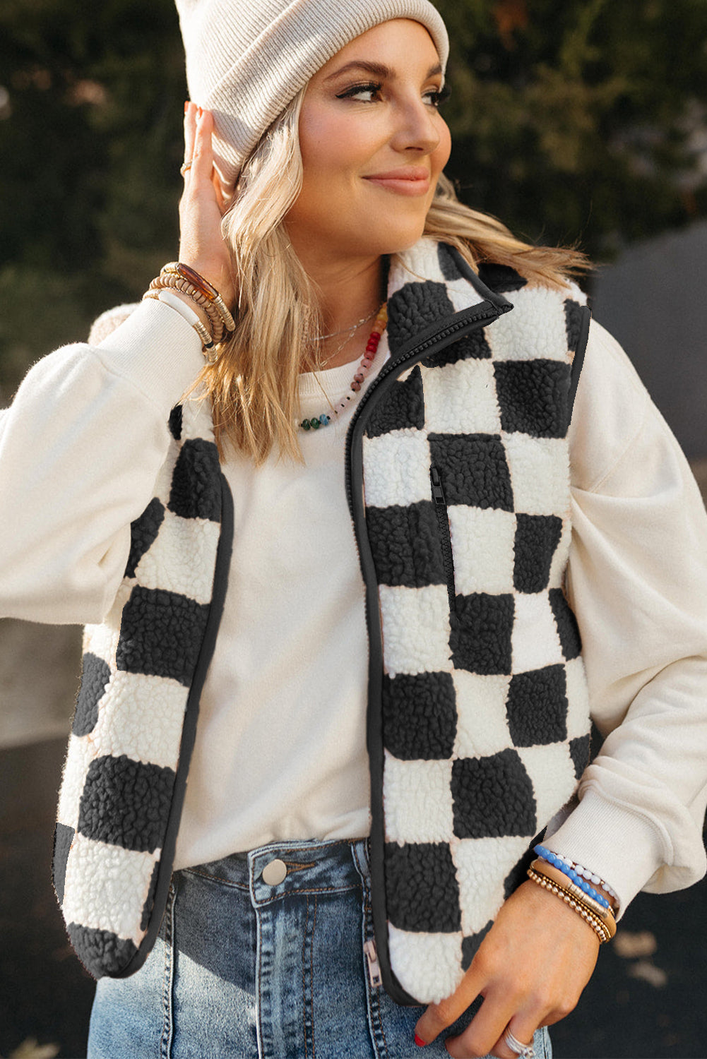 Black Checkered Sherpa Collared Jacket Vest - Fikka Boutique 