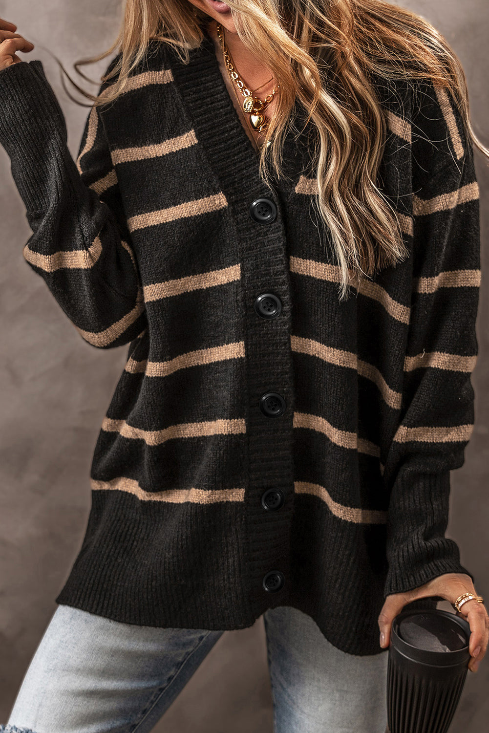 Black Stripe Buttoned V Neck Drop Shoulder Loose Cardigan - Fikka Boutique 